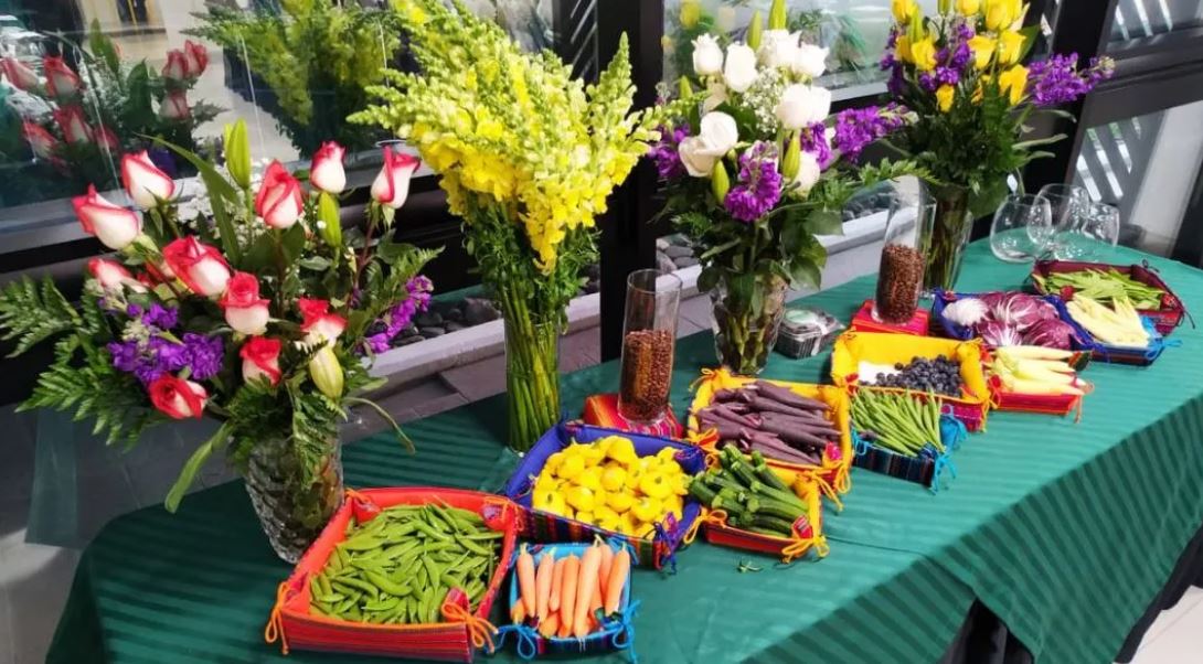 Vegetales y flores en exposición