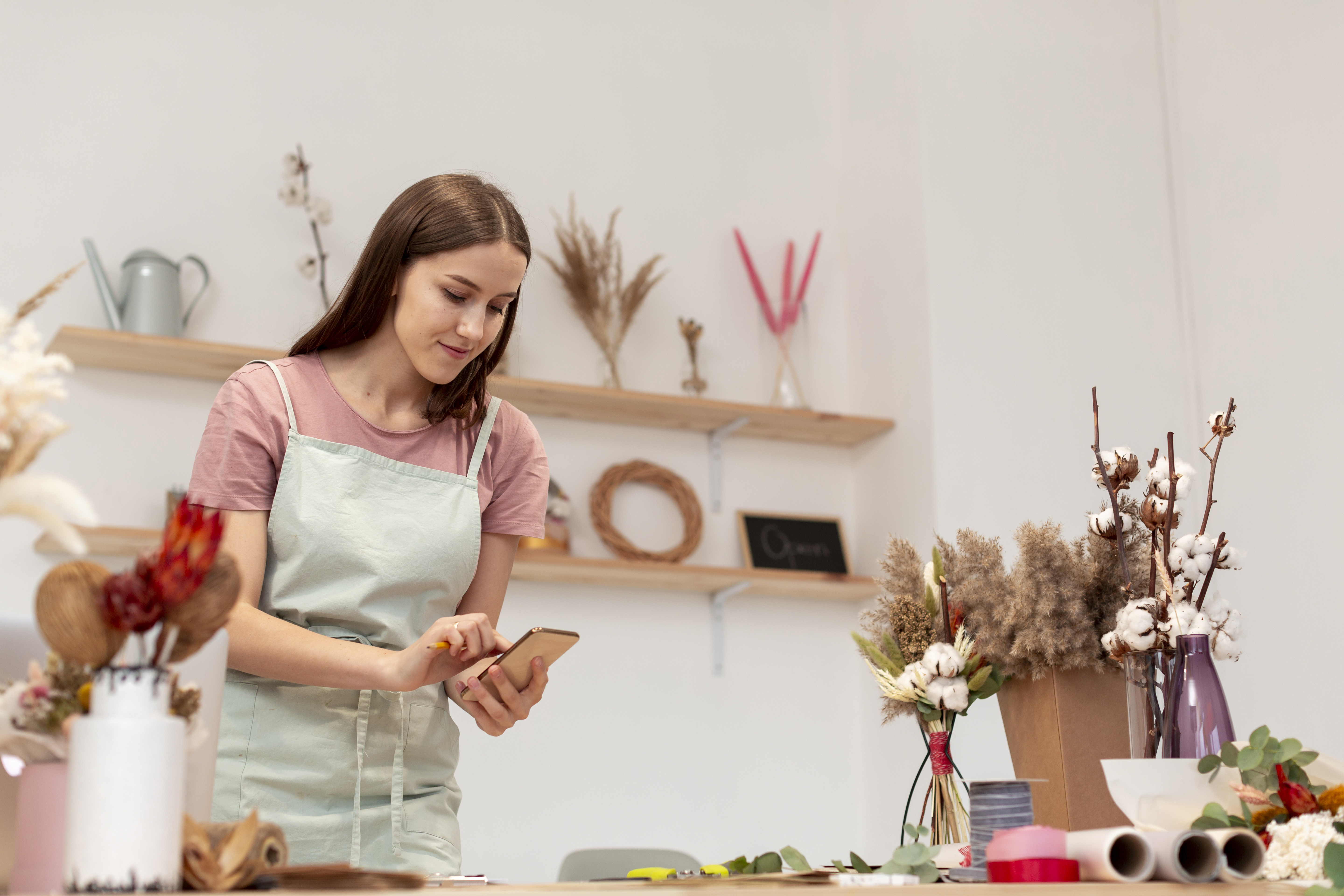 Una mujer emprendedora usa su teléfono para atender los pedidos de los clientes