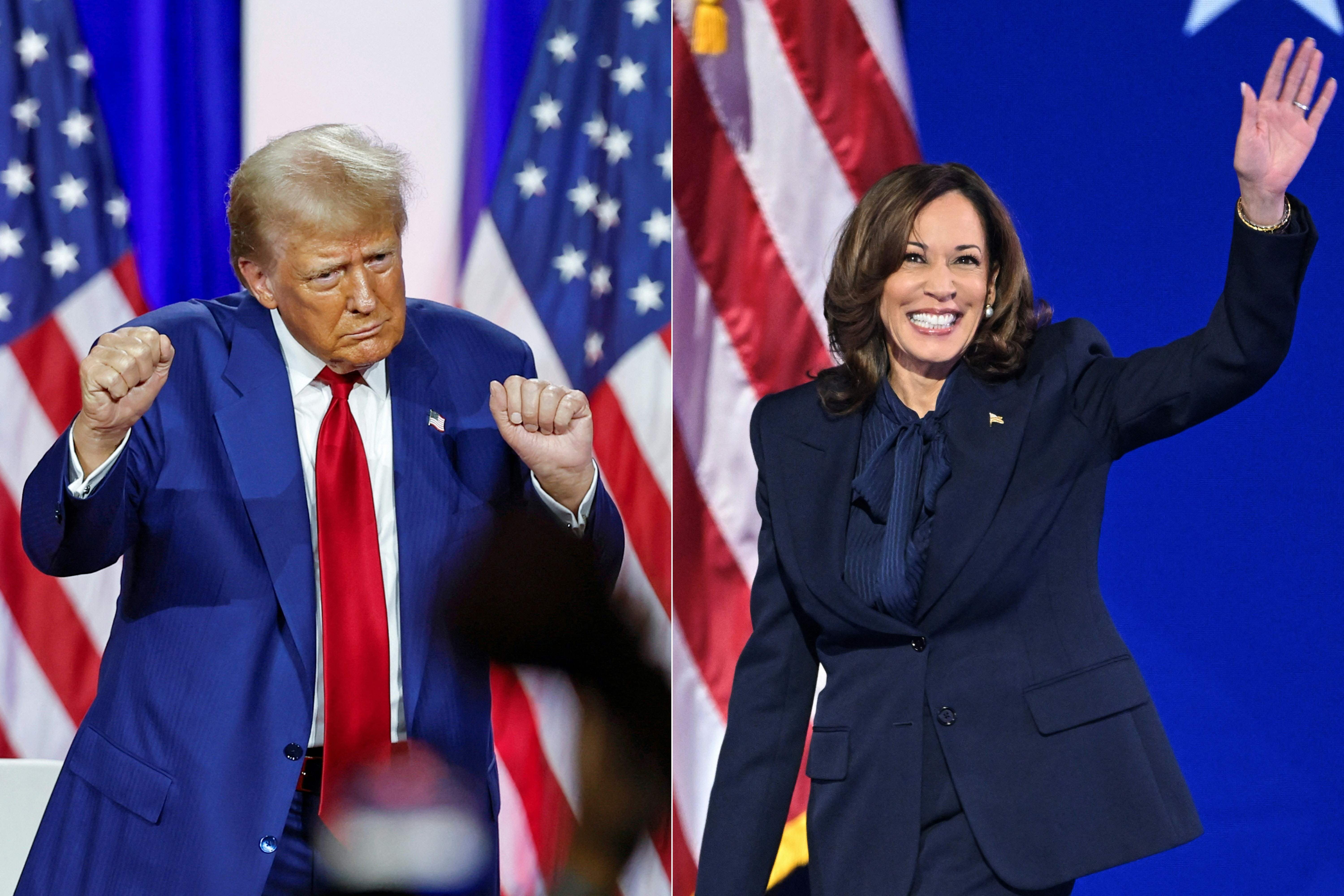 (FILES) (COMBO) This combination of pictures created on September 9, 2024 shows former US President and Republican presidential candidate Donald Trump (L) dancing as he leaves the stage after speaking alongside former US Representative Tulsi Gabbard during a town hall meeting in La Crosse, Wisconsin, on August 29, 2024 and US Vice President and Democratic presidential candidate Kamala Harris arriving onstage to speak on the fourth and last day of the Democratic National Convention (DNC) at the United Center in Chicago, Illinois, on August 22, 2024. Kamala Harris and Donald Trump are entering the final one-month sprint to the most dramatic US presidential election in modern history, with both candidates warning the fate of a divided nation hangs on a result that is still too close to call. (Photo by KAMIL KRZACZYNSKI and Mandel NGAN / AFP)