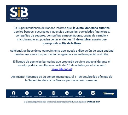 SIB anuncia cierre de bancos el 11 de octubre