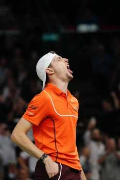 France's Ugo Humbert reacts as he plays against Russia's Karen Khachanov during their men's singles semi final match on day six of the Paris ATP Masters 1000 tennis tournament at the Accor Arena - Palais Omnisports de Paris-Bercy - in Paris on November 2, 2024. (Photo by Dimitar DILKOFF / AFP)