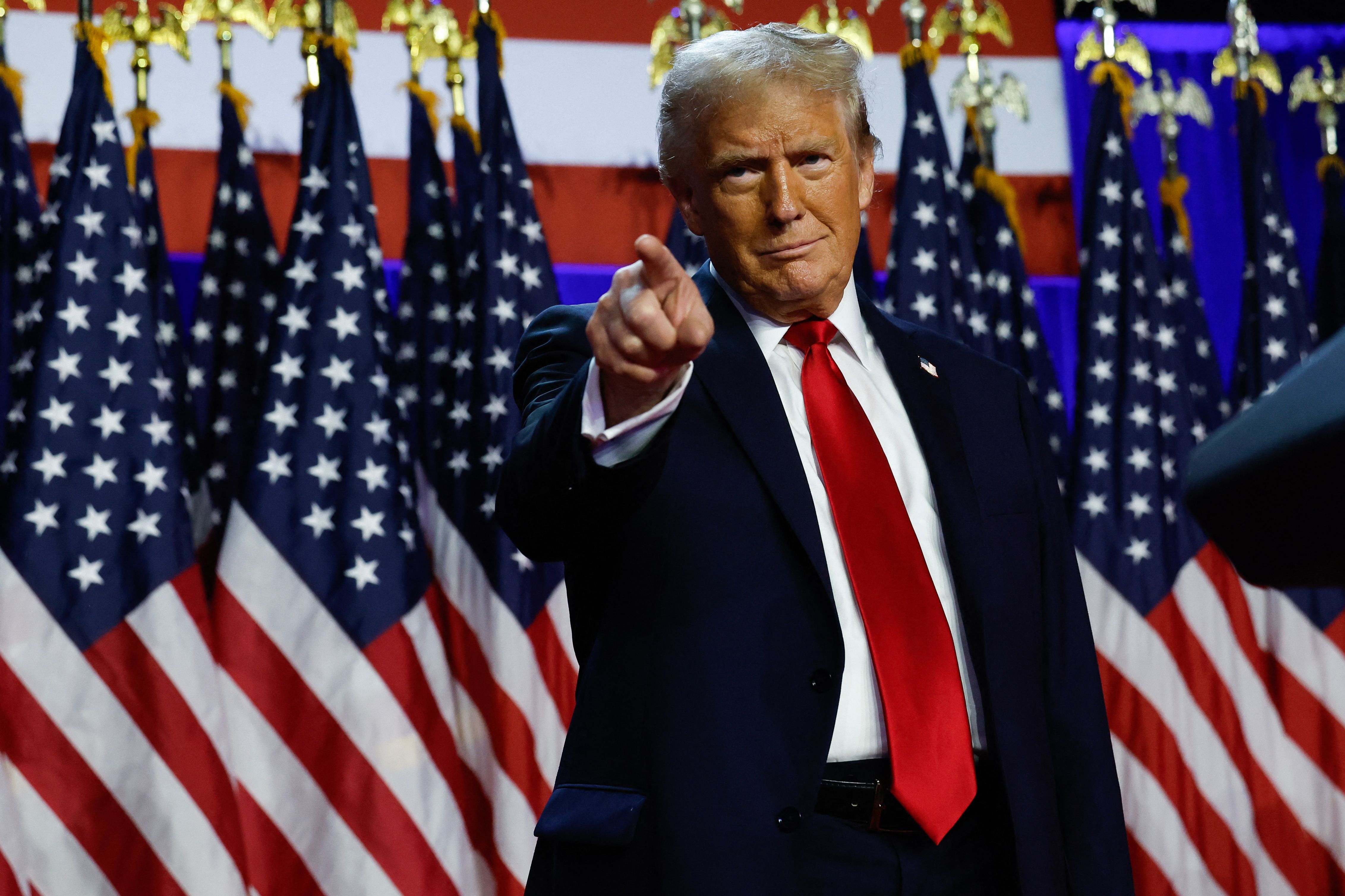 WEST PALM BEACH, FLORIDA - NOVEMBER 06: Republican presidential nominee, former U.S. President Donald Trump arrives to speak during an election night event at the Palm Beach Convention Center on November 06, 2024 in West Palm Beach, Florida. Americans cast their ballots today in the presidential race between Republican nominee former President Donald Trump and Vice President Kamala Harris, as well as multiple state elections that will determine the balance of power in Congress.   Chip Somodevilla/Getty Images/AFP (Photo by CHIP SOMODEVILLA / GETTY IMAGES NORTH AMERICA / Getty Images via AFP)