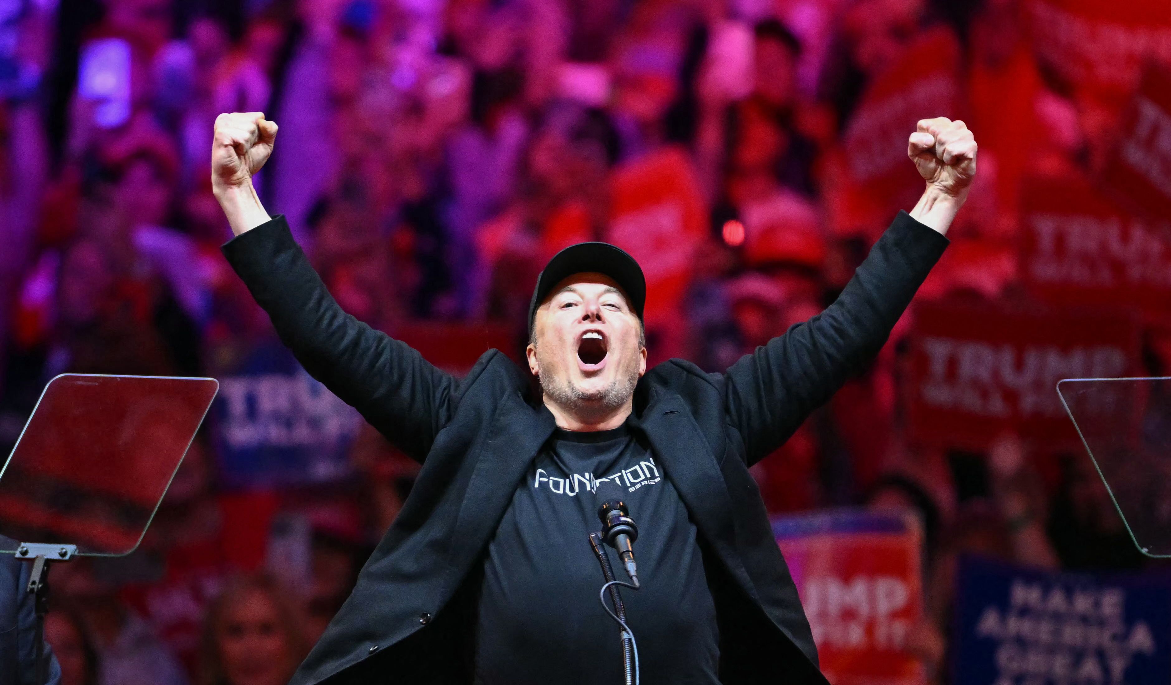 (FILES) Tesla and SpaceX CEO Elon Musk gestures as he steps on stage during a rally for former US President and Republican presidential candidate Donald Trump at Madison Square Garden in New York, October 27, 2024. US President-elect Donald Trump on November 12, 2024, said Tesla and SpaceX CEO Elon Musk will lead a so-called Department of Government Efficiency alongside US entrepreneur Vivek Ramaswamy. (Photo by ANGELA WEISS / AFP)