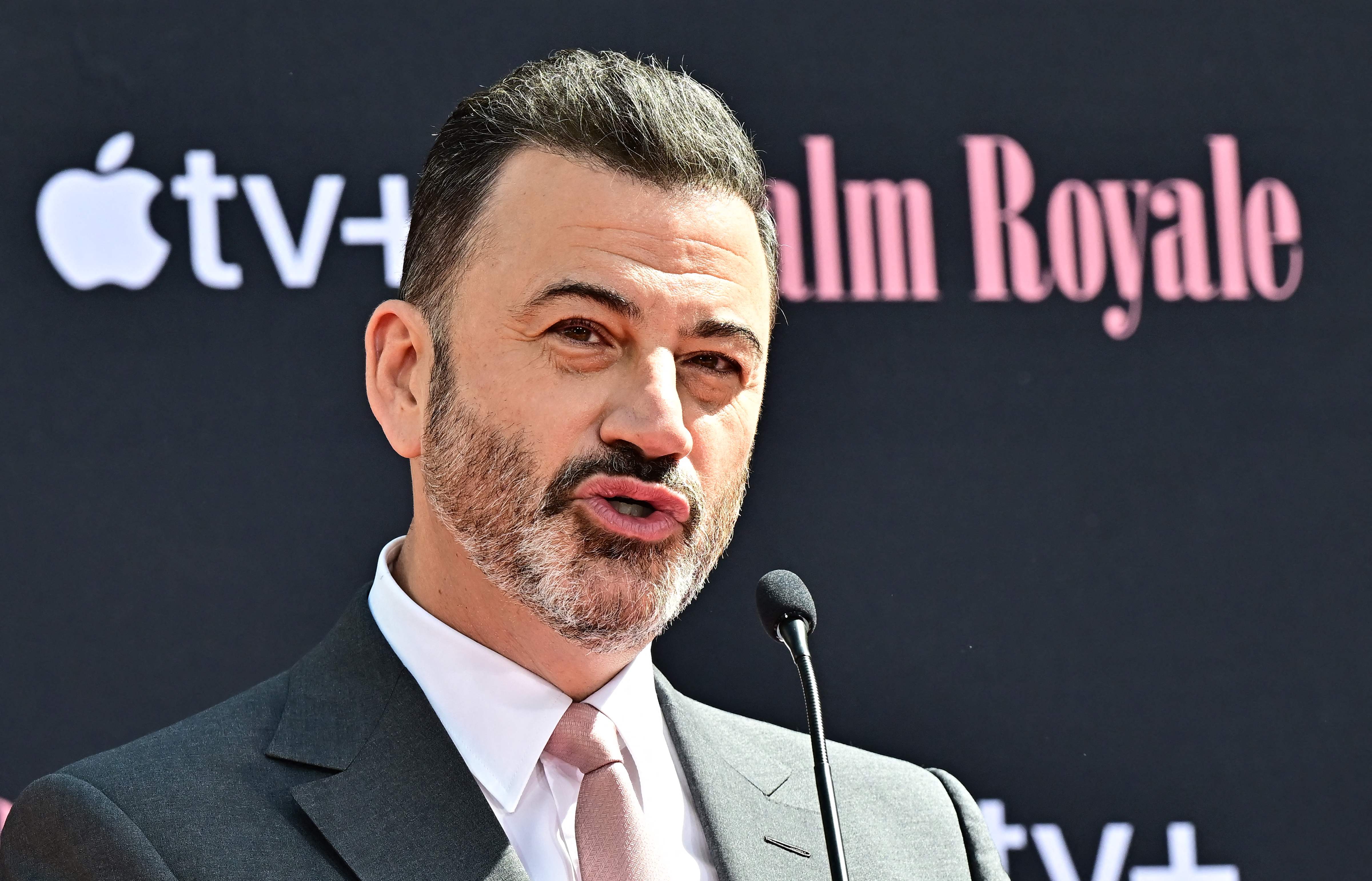 US television host and comedian Jimmy Kimmel speaks during the Hand and Footprint ceremony for US comedian and actress Carol Burnett in the courtyard of the TCL Chinese Theater in Hollywood, California, on June 20, 2024. (Photo by Frederic J. BROWN / AFP)