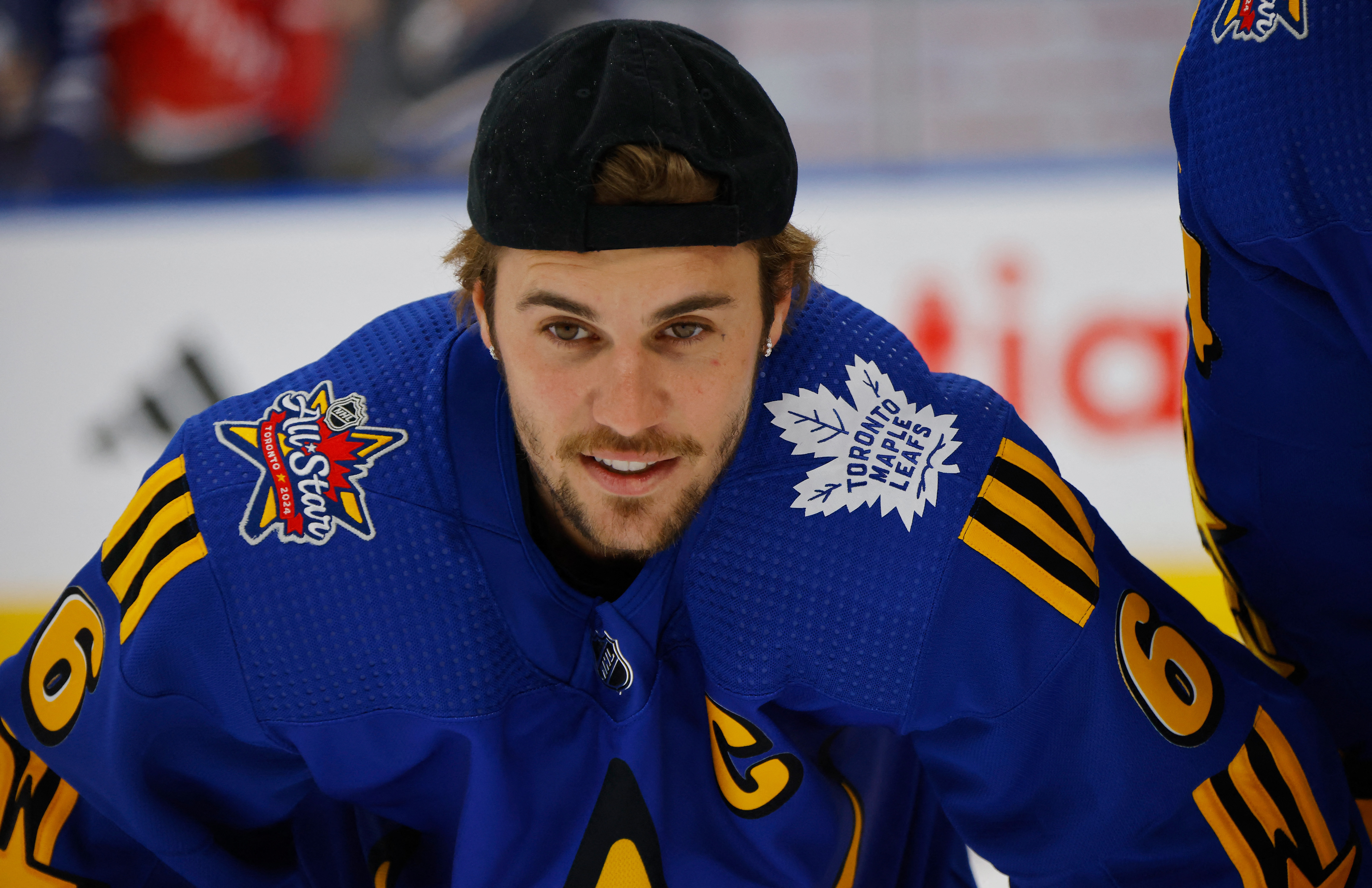 TORONTO, CANADA - FEBRUARY 03: Justin Bieber skates in warmups prior to the 2024 NHL All-Star Game on February 03, 2024 in Toronto, Ontario, Canada.   Bruce Bennett/Getty Images/AFP (Photo by BRUCE BENNETT / GETTY IMAGES NORTH AMERICA / Getty Images via AFP)