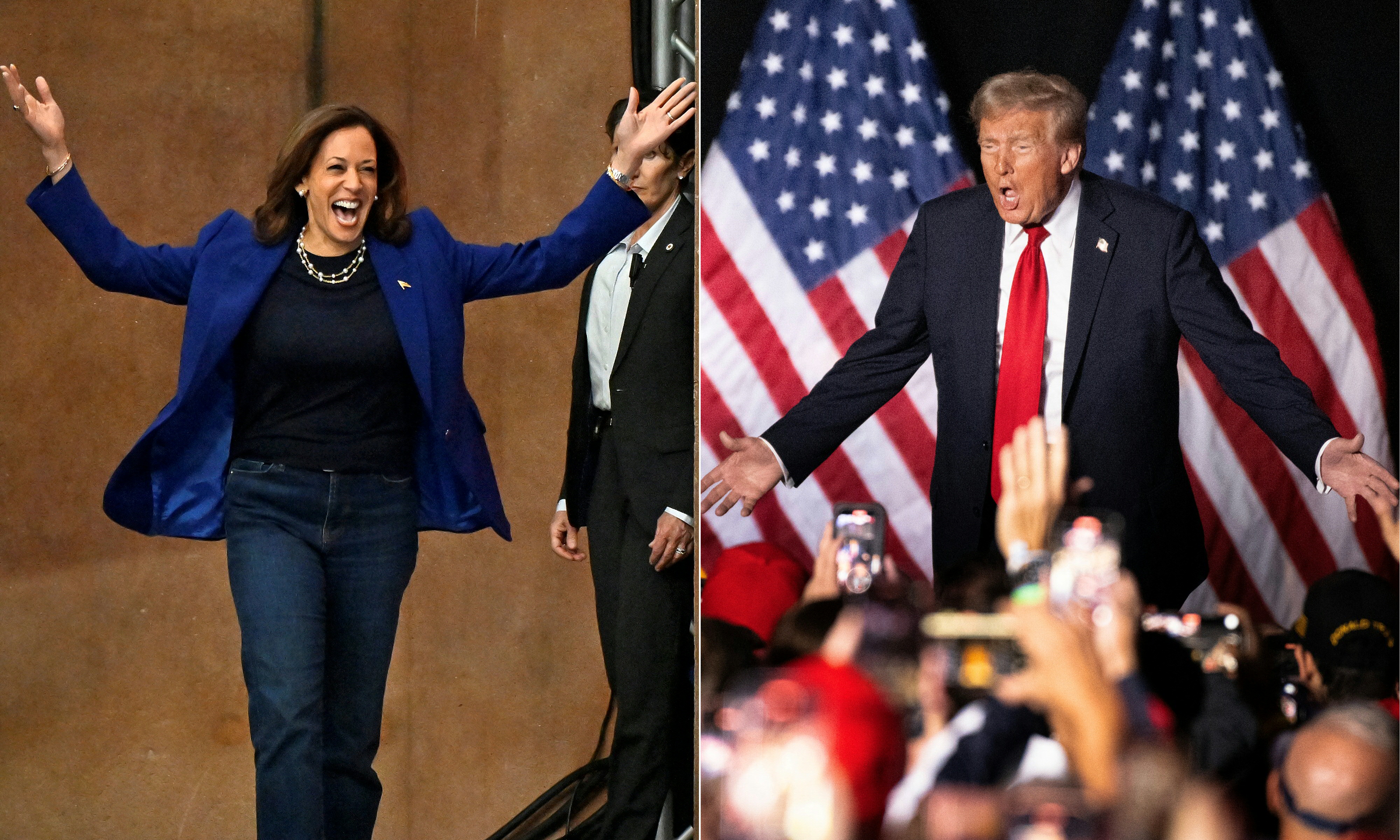 (COMBO) This combination of pictures created on November 03, 2024 shows
US Vice President and Democratic presidential candidate Kamala Harris (L) walks on stage as she arrives for a campaign rally at the Craig Ranch Amphitheater in Las Vegas, Nevada, on October 31, 2024, and Republican presidential candidate and former US President Donald Trump (R) gestures at supporters as he walks on stage during a campaign rally at the Sports and Expo Center at the Macomb Community College in Warren, Michigan on November 1, 2024. -  (Photo by David Becker and ROBERTO SCHMIDT / AFP)