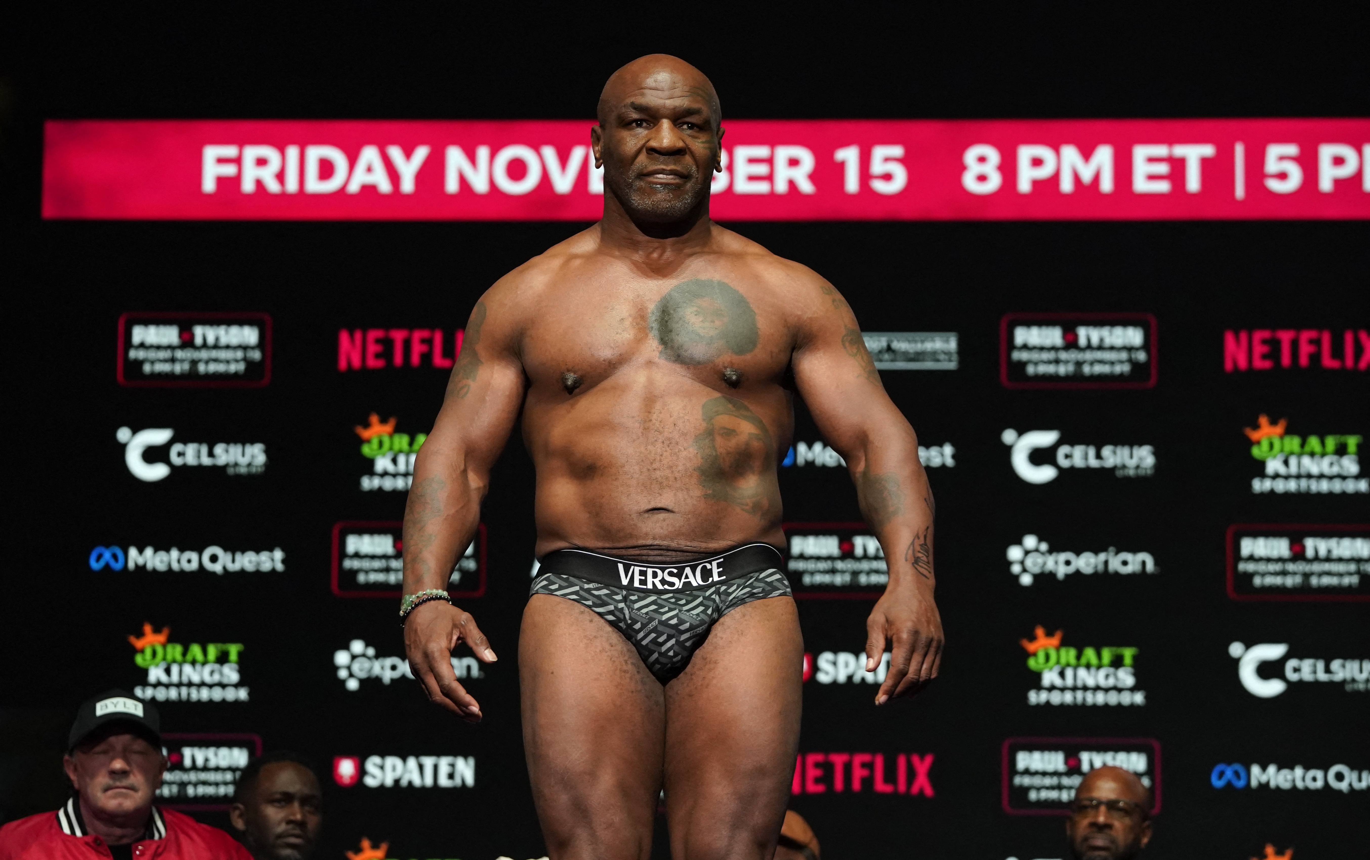 Former US heavyweight boxing champion Mike Tyson looks on during his weigh-in ahead of his heavyweight boxing match against US boxer and actor Jake Paul in Irving, Texas, on November 14, 2024. (Photo by TIMOTHY A. CLARY / AFP)