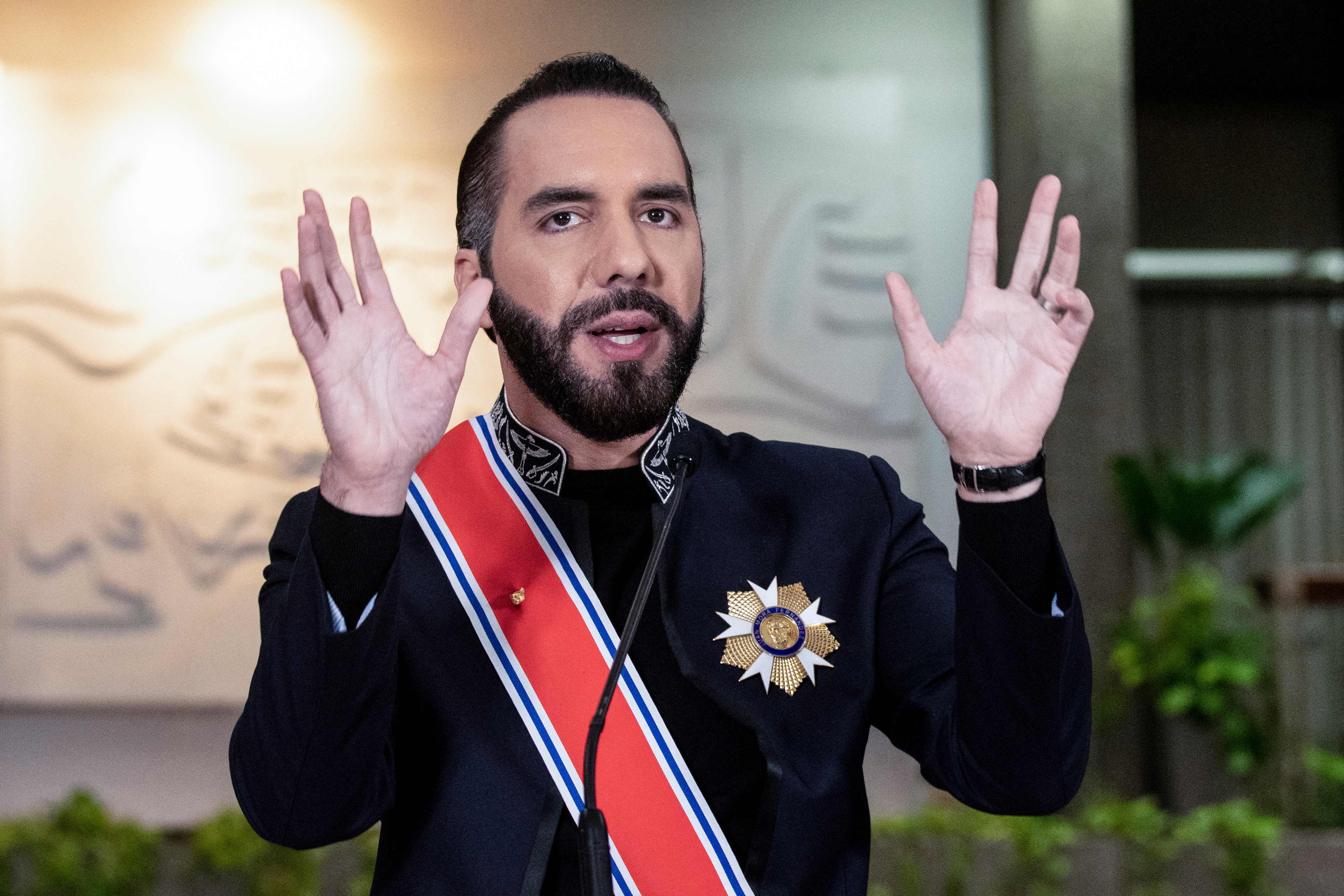 El Salvador's President Nayib Bukele speaks during a joint press conference with Costa Rica's President Rodrigo Chaves, after receiving the decoration of the National Order Juan Mora Fernández at the presidential house in San José on November 11, 2024. (Photo by Ezequiel BECERRA / AFP)