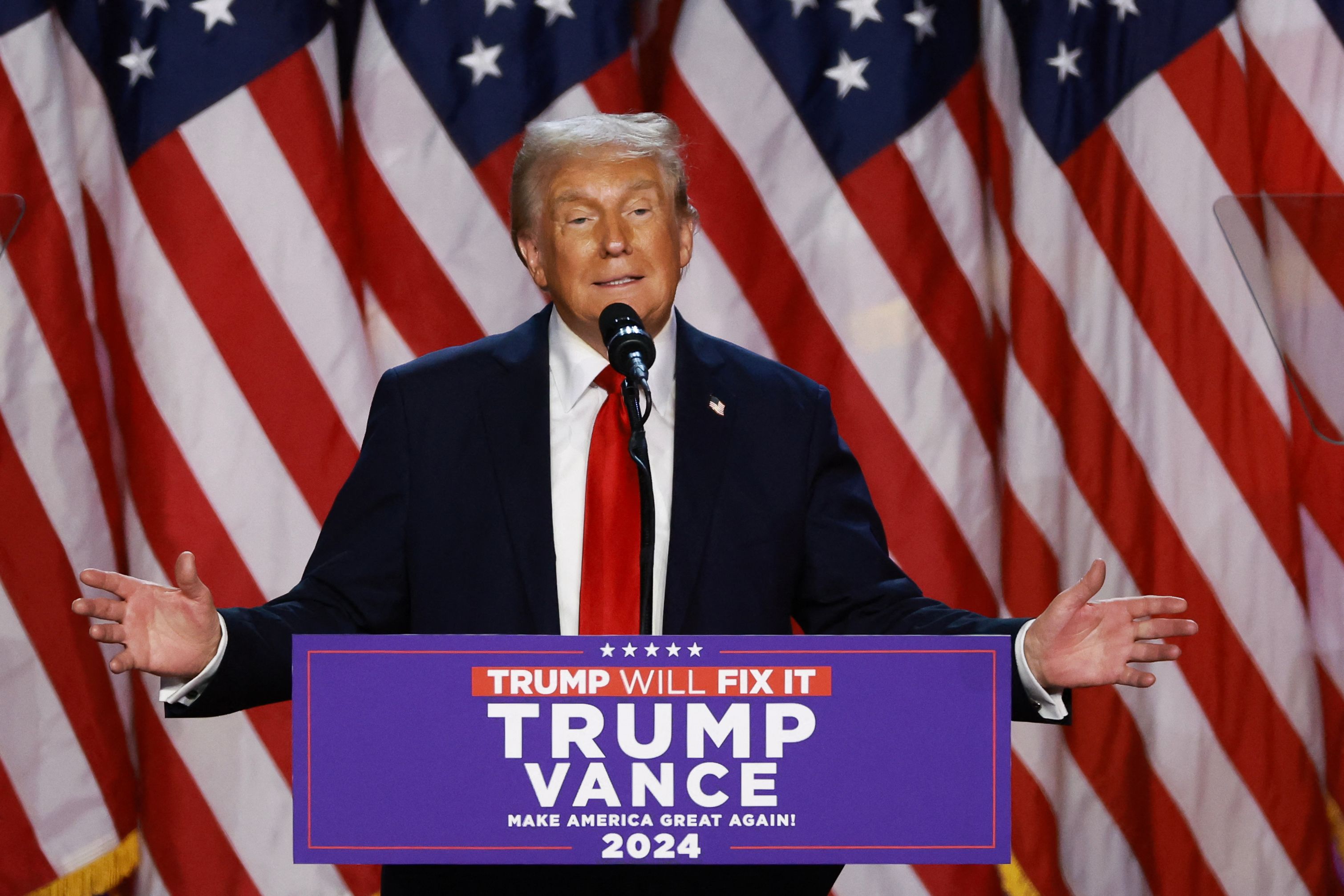 WEST PALM BEACH, FLORIDA - NOVEMBER 06: Republican presidential nominee, former U.S. President Donald Trump speaks during an election night event at the Palm Beach Convention Center on November 06, 2024 in West Palm Beach, Florida. Americans cast their ballots today in the presidential race between Republican nominee former President Donald Trump and Vice President Kamala Harris, as well as multiple state elections that will determine the balance of power in Congress.   Joe Raedle/Getty Images/AFP (Photo by JOE RAEDLE / GETTY IMAGES NORTH AMERICA / Getty Images via AFP)