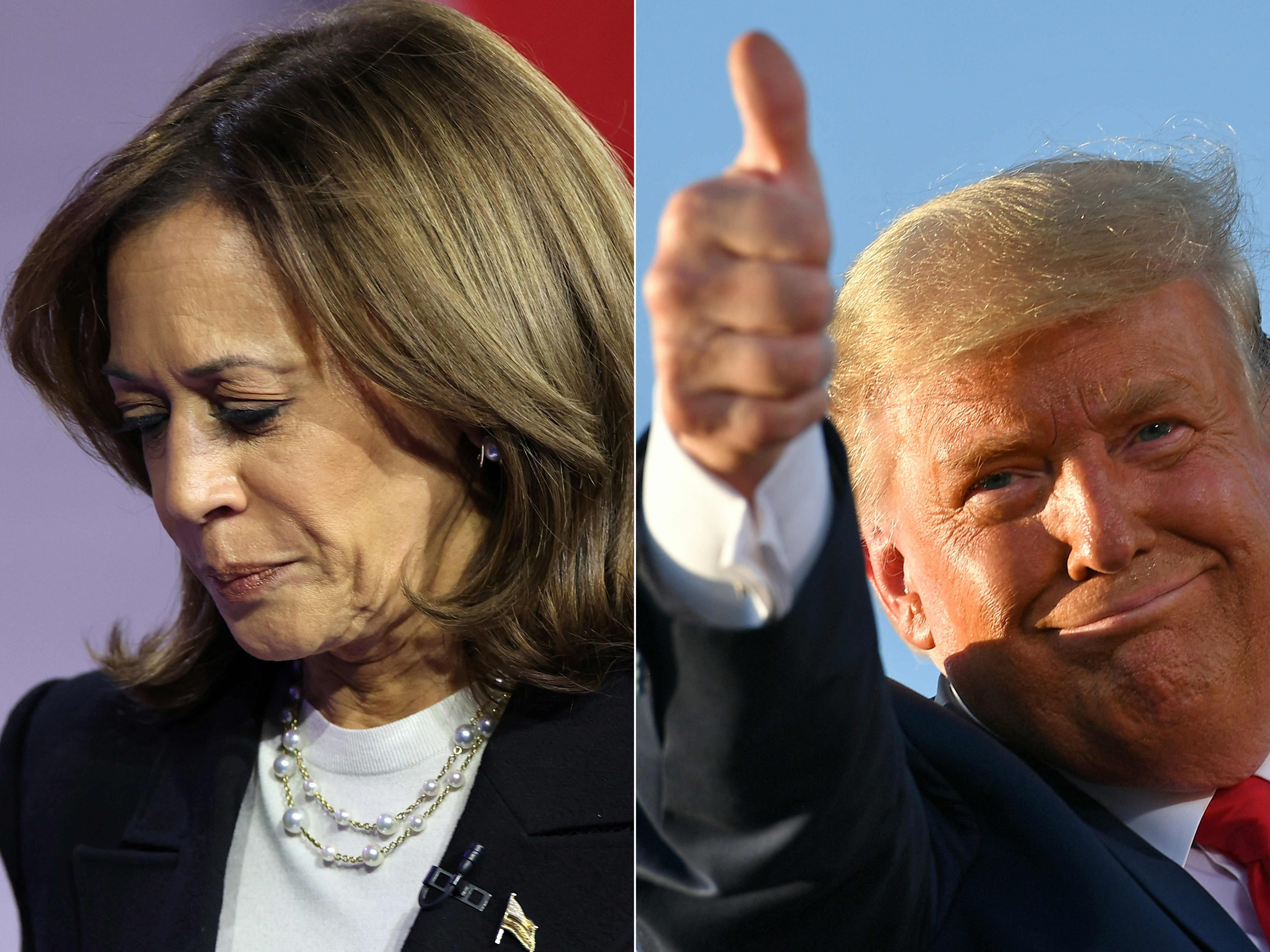 (COMBO) This combination of pictures created on November 05, 2024 shows US Vice President and Democratic presidential candidate Kamala Harris in Aston, Pennsylvania, on October 23, 2024 and US President Donald Trump in Tucson, Arizona on October 19, 2020.  (Photo by CHARLY TRIBALLEAU and MANDEL NGAN / AFP)