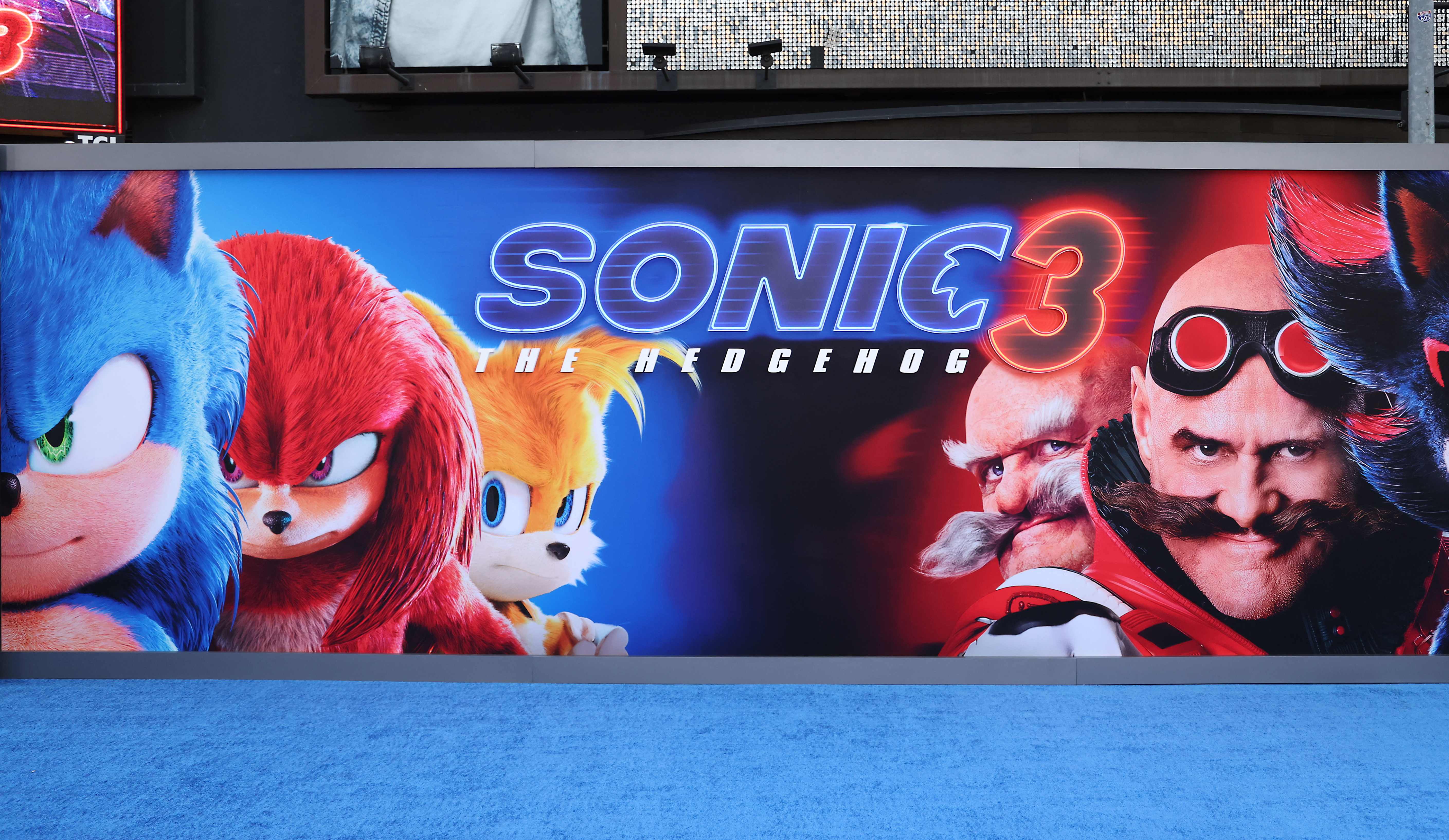 Signage on display at the premiere of "Sonic The Hedgehog 3" at the TCL Chinese Theatre in Hollywood, California, on December 16, 2024. (Photo by Michael Tran / AFP)