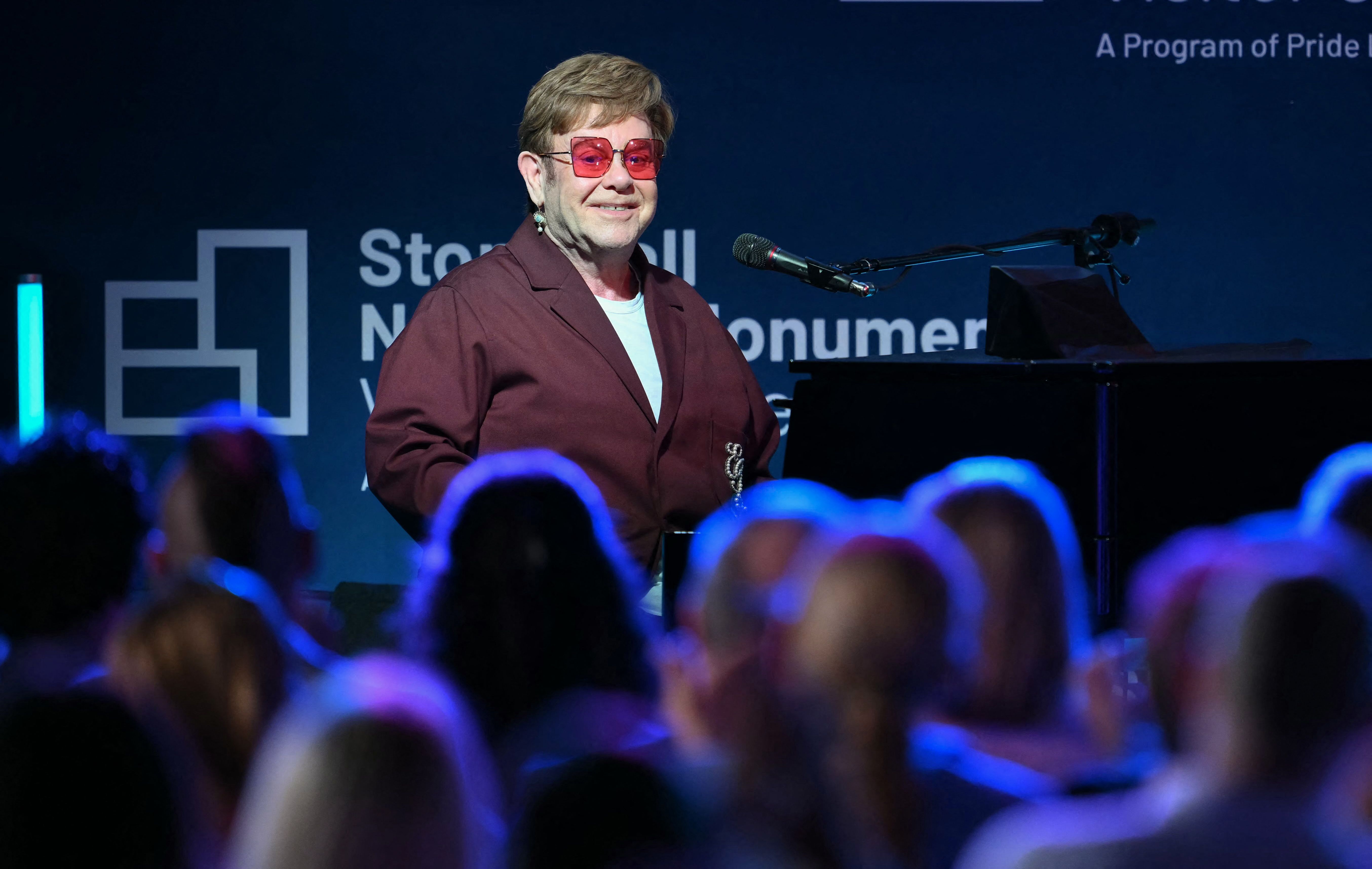 British singer-songwriter Elton John performs on stage at the Stonewall National Monument Visitor Center grand opening ceremony in New York on June 28, 2024. (Photo by ANGELA WEISS / AFP)