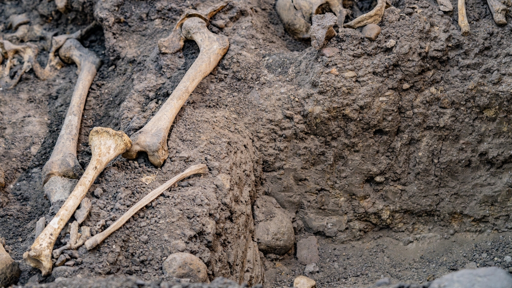 Sitio de excavación arqueológica con huesos humanos expuestos en el suelo, mostrando antiguos restos esqueléticos.