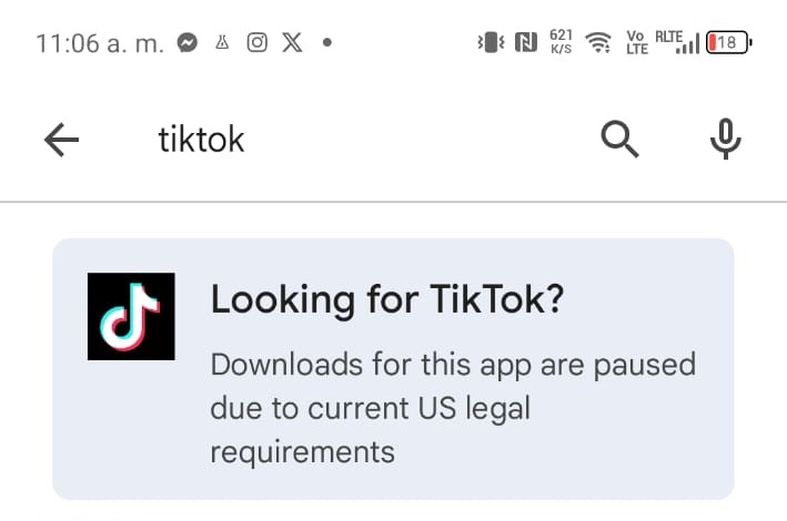 Mensaje que muestra Google Play al intentar descargar TikTok en Estados Unidos