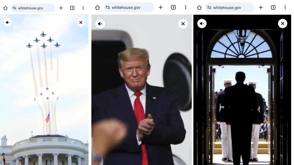 Imágenes del video que muestran a Trump en el momento de los saludos oficial tras su investidura, que se reproduce al ingresar al sitio oficial de la Casa Blanca que ahora está inhabilitado en español.