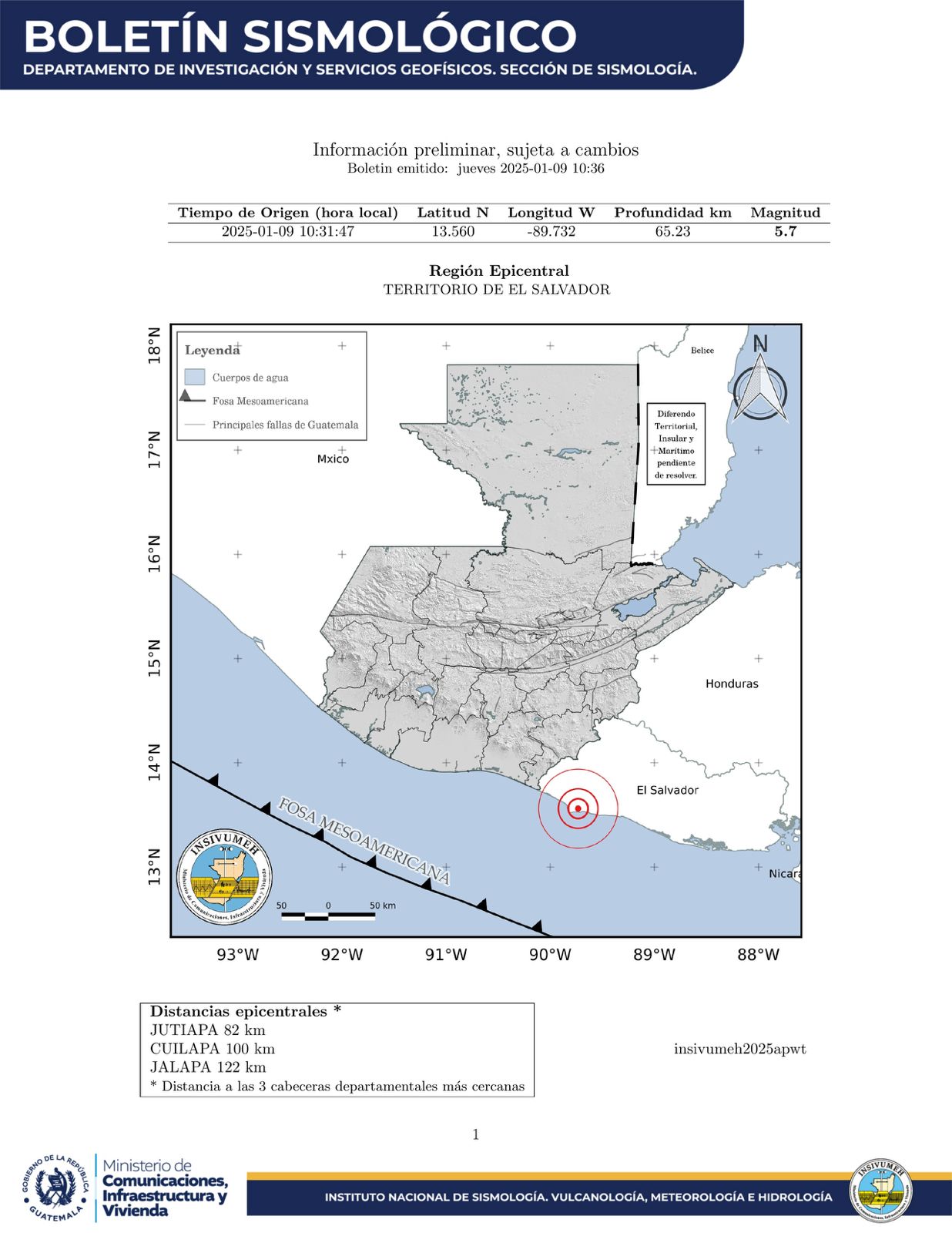 El Insivumeh reporta que el temblor de magnitud 5.7 se registró en territorio de El Salvador.