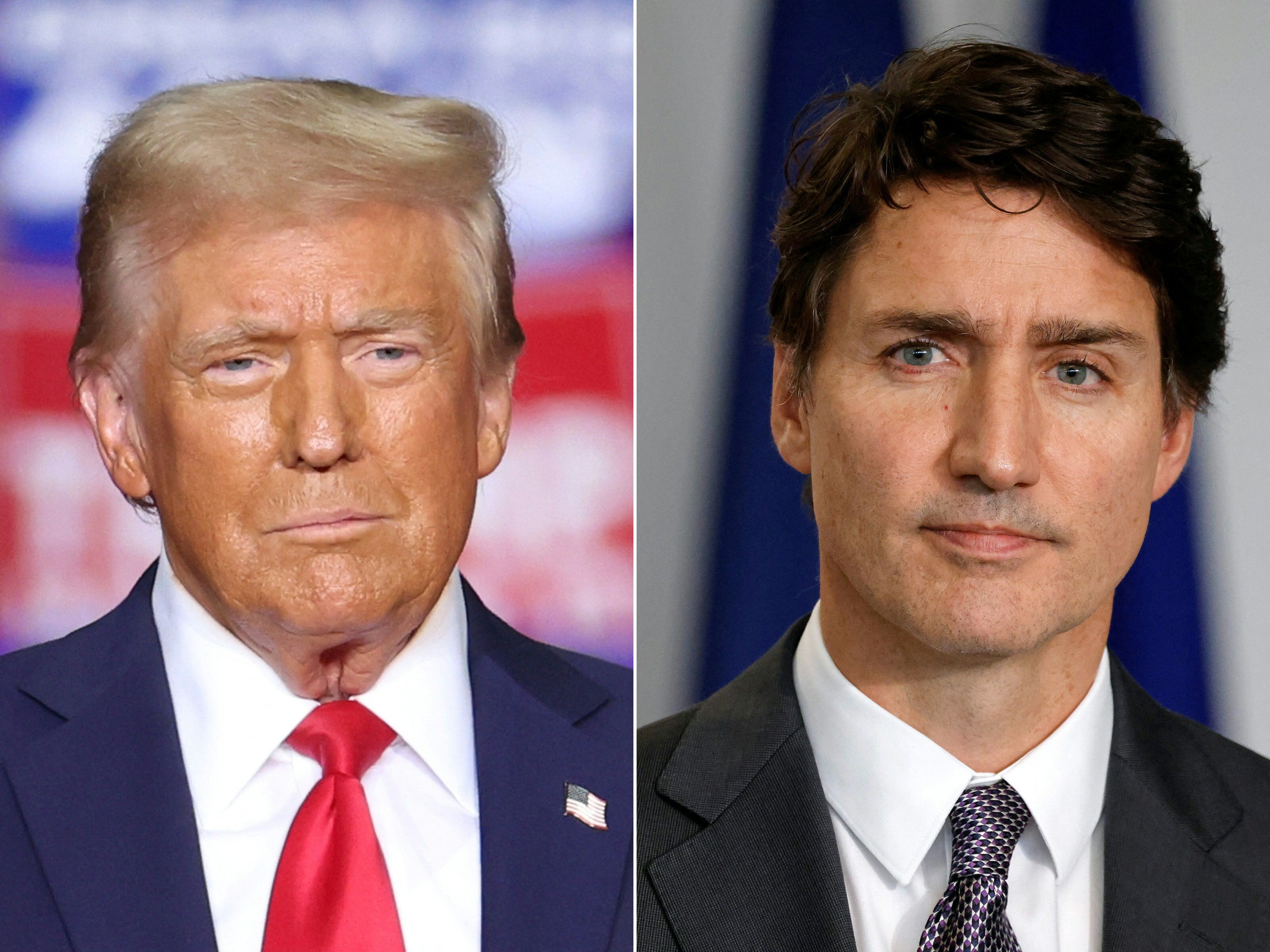 (COMBO) This combination of pictures created on November 29, 2024 shows
former US President and Republican presidential candidate Donald Trump (L) looking on during a campaign rally at PPG Paints Arena in Pittsburgh, Pennsylvania on November 4, 2024 and Canadian Prime Minister Justin Trudeau looking on during a press conference with French President Emmanuel Macron in Montreal, Canada, on September 26, 2024.. Canadian Prime Minister Justin Trudeau arrived in Palm Beach, Florida, on November 30, 2024 for what Canadian and American media said was a meeting with US President-elect Donald Trump at his Mar-a-Lago luxury estate. (Photo by CHARLY TRIBALLEAU and Ludovic MARIN / AFP)