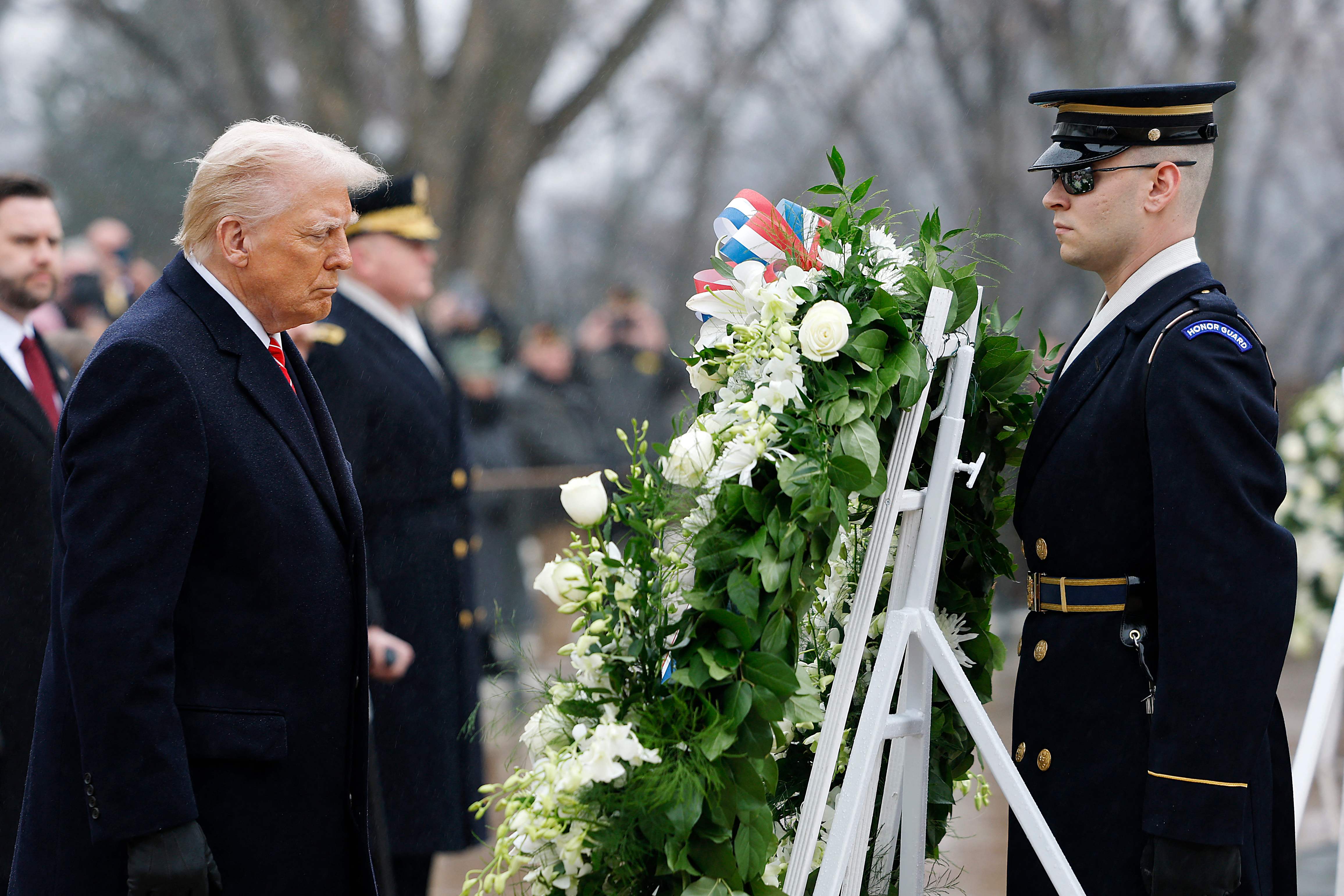 ARLINGTON, VIRGINIA - JANUARY 19: President-Elect Donald Trump participates in a wreath-laying ceremony at Arlington National Cemetery on January 19, 2025 in Arlington, Virginia. Trump will be sworn in as the 47th president of the United States on January 20 in a rare indoor ceremony.   Anna Moneymaker/Getty Images/AFP (Photo by Anna Moneymaker / GETTY IMAGES NORTH AMERICA / Getty Images via AFP)