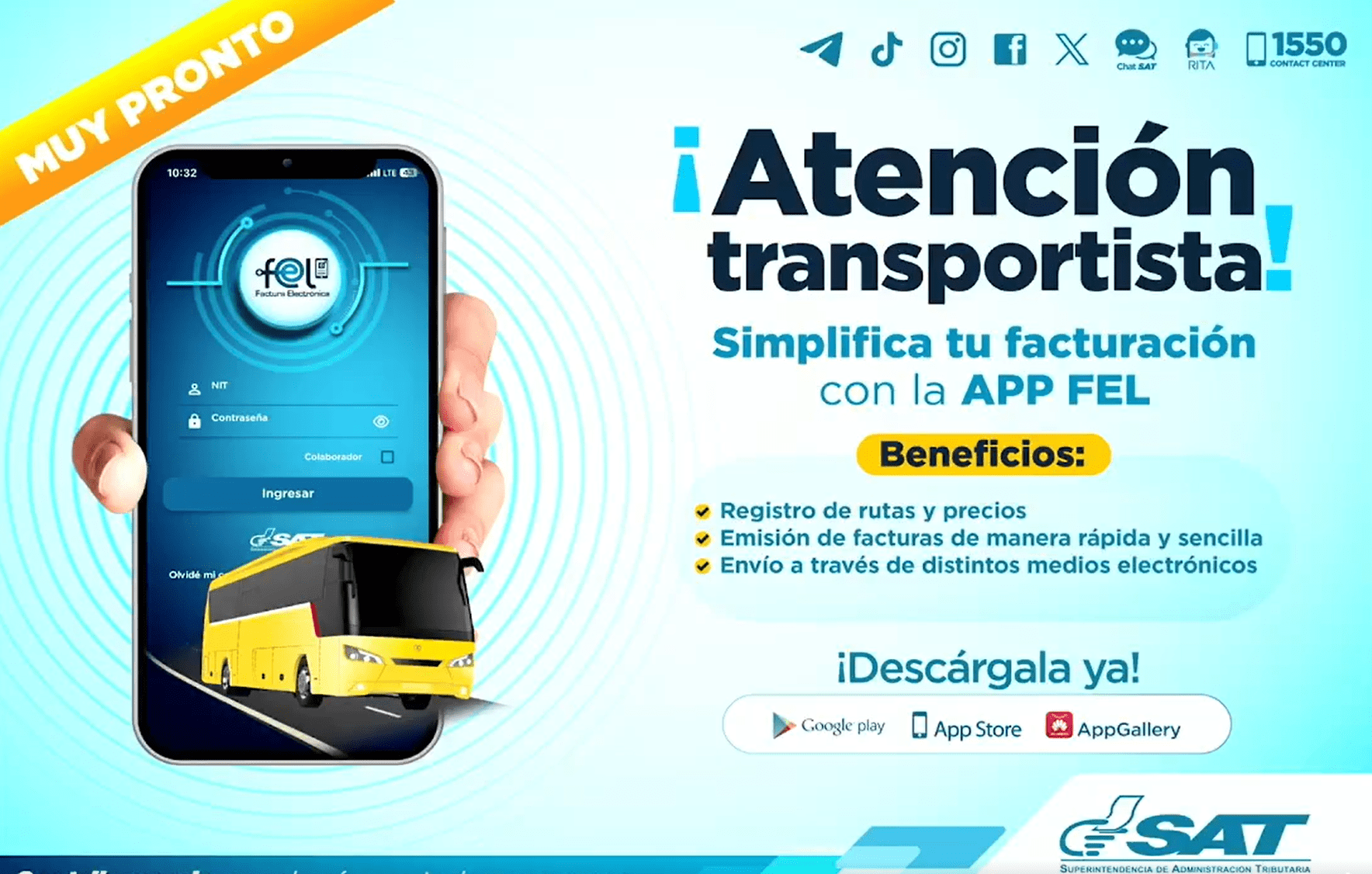 Los transportistas de buses colectivos podrán emitir las facturas desde la APP FEL de la SAT. (Foto, captura de pantalla Facebook SAT)