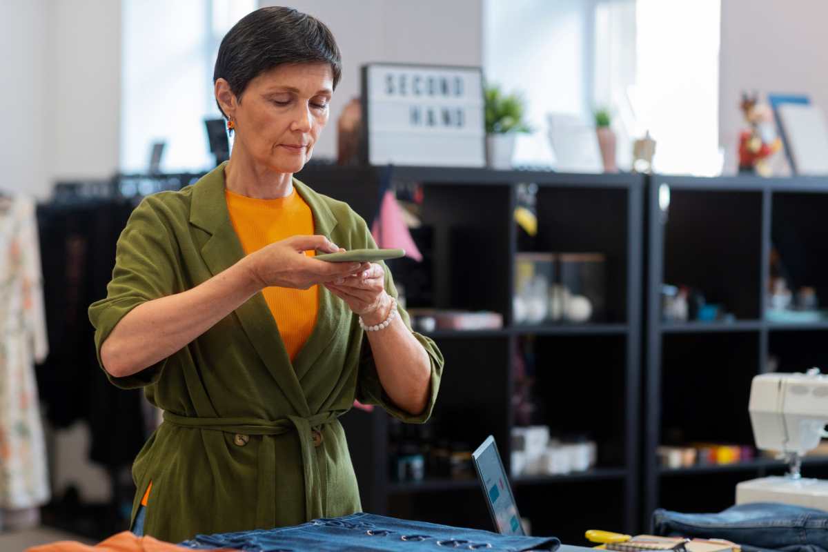 Una mujer emprendedora tomando fotografía a su producto.