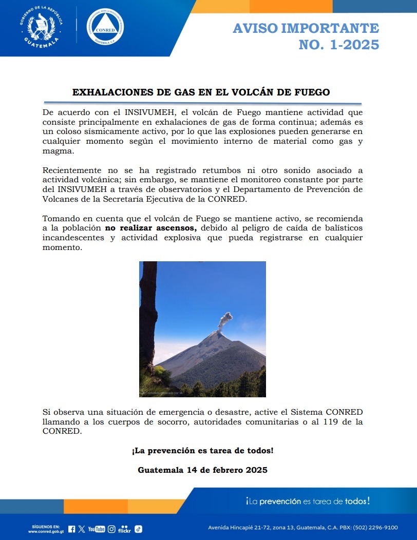 Conred recomienda no hacer ascensos en el volcan de Fuego 